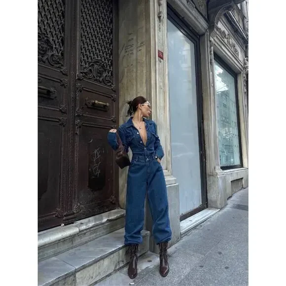 Women Denim Jumpsuit Premium Jean One Piece Outfit Casual Chic Overalls Romper - Picture 2 of 9